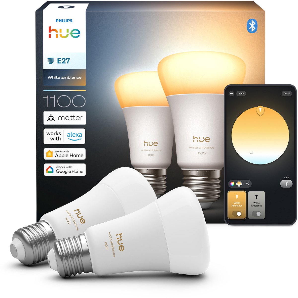 Philips hue slimme led a67 bulb, warm tot koelwit licht, e27 fitting, 2-pack