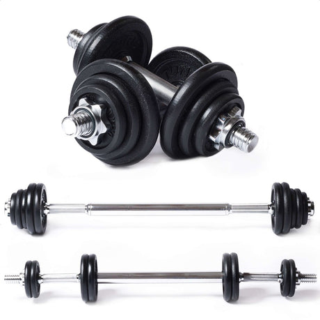 Tunturi halter en dumbells gietijzer - halterset 20 kg - halterstang met gewichten - barbell set - schroefsluiting 30 mm - anti slip grip