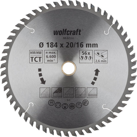 Wolfcraft - cirkelzaagblad 184 mm - 56 tanden - 20 16 mm boring - voor cirkelzaag - 6632000