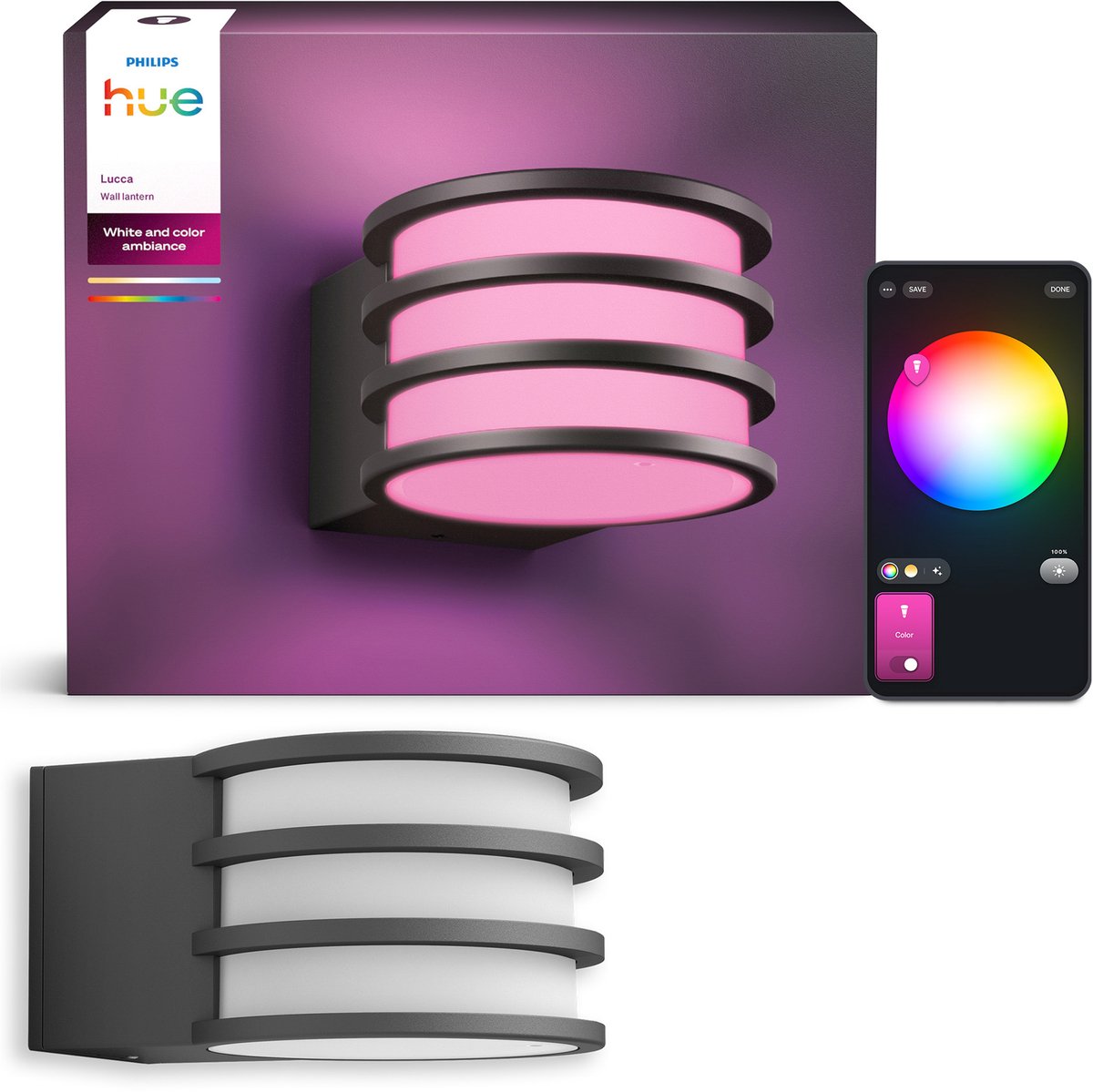 Philips hue lucca wandlamp - tuinverlichting - antraciet grijs - ip44 weer- en windbestendig - wit en gekleurd licht -slimme verlichting - 1100 lumen - compatibel met matter