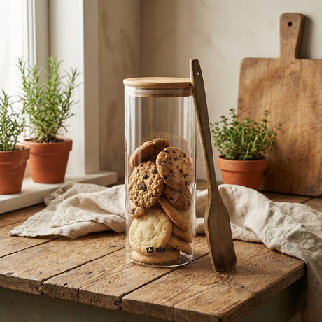 Alpina voorraadpot 1,5l glas met bamboe deksel - luchtdichte afsluiting - transparant - ø10x26cm - ideaal voor pasta, rijst, koffie en thee - modern en praktisch ontwerp