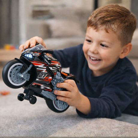 Eddy toys motor wheelie - elektrisch speelgoedvoertuig met licht en geluid - massieve banden - inclusief batterijen - stunt motor voor kinderen - afmetingen 26 x 7 x 14,5 cm - kleur zwart rood groen