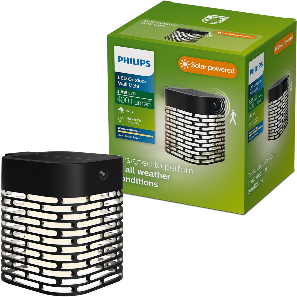 Philips led philips hara solar wandlamp - zonne-energie - warmwit licht: 2700k - zwart - twee lichtstanden - schemersensor - bewegingssensor - ip44: weerbestendig - solar buitenverlichting