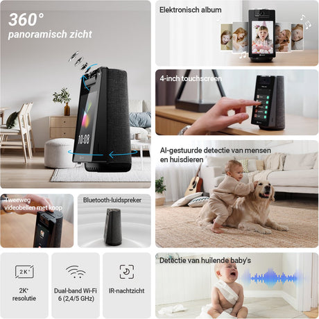 Ezviz s10 indoor camera voor baby ouderen - videobellen met 4'' touchscreen - 2k - 360° pan tilt - baby huildetectie - huisdierdetectie - geen abonnement