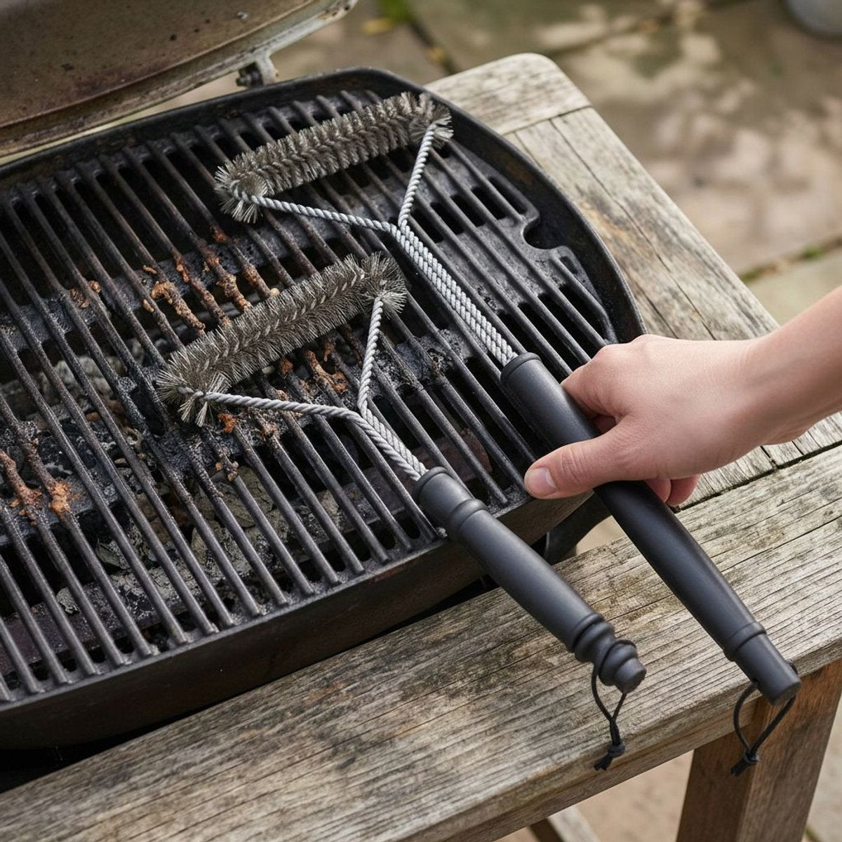 Alpina bbq grill brush 2pcs set - grillborstel set van 2 stuks - rvs borstelharen - antislip handgreep - praktisch ophangkoord - grote en kleine maat - 51,5 cm - zwart grijs