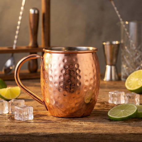Alpina moscow mule mok - rvs cocktailbeker met gehamerd design - inhoud 500 ml - afmetingen ø8,7 x h10 cm - kleur goud - trendy voor cocktails, feestjes en thuisgebruik