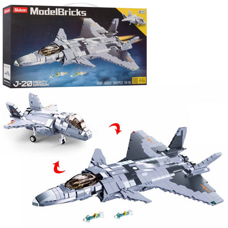 Sluban modelbricks j-20 fighter mighty dragon vliegtuig bouwspeelgoed vanaf 10 jaar – constructiespeelgoed modelbouw – bouwdoos met 926 bouwstenen – m38-b0931