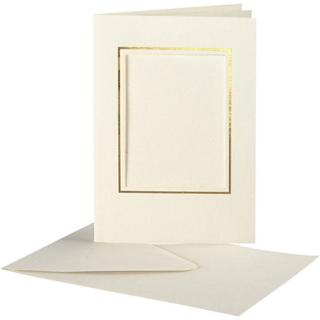 Creotime passepartout kaarten , afmeting kaart 10,5x15 cm, gatgrootte 6,5x8,8 cm, off-white, rechthoek met gouden rand, 10sets, afmeting envelop 11,5x16,5 cm