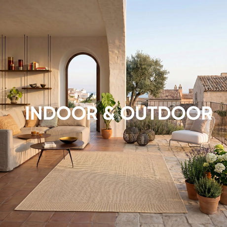 Sunday rugs – roman – vloerkleed – 200x290cm – beige – vlakweef – binnen buiten – border design – uv-bestendig – vloerverwarmingsgeschikt – afspuitbaar met tuinslang – pluisvrij