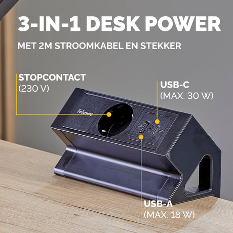 Fellowes ampra power desk – opbouw stroomvoorziening voor bureau – 1x stopcontact + usb‑a usb‑c – bureaubladklem 10–45 mm – 2m kabel – 5 jaar garantie