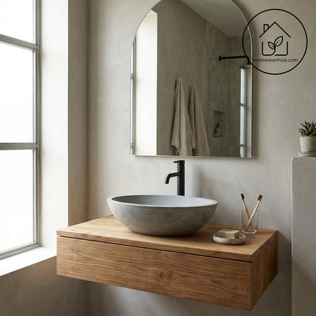 Differnz dias waskom - 50 x 38 x 14 cm - gemaakt van beton - kleur lichtgrijs - opzetmodel - inclusief afvoergat - modern en stoer design - geschikt voor hoge kraan of inbouwkraan
