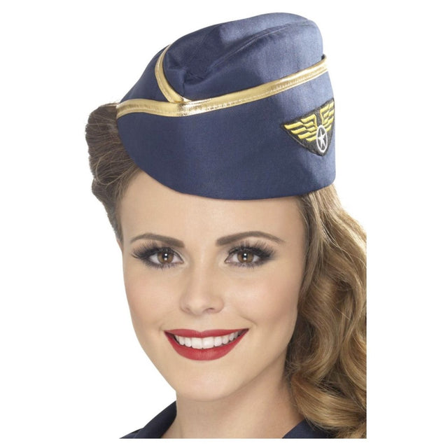 Smiffys stewardessen verkleed hoedje - blauw - carnavalskleding accessoires