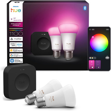 Philips hue starterkit - wit en gekleurd licht - 1 bridge pro - 2-pack e27 1100 lumen