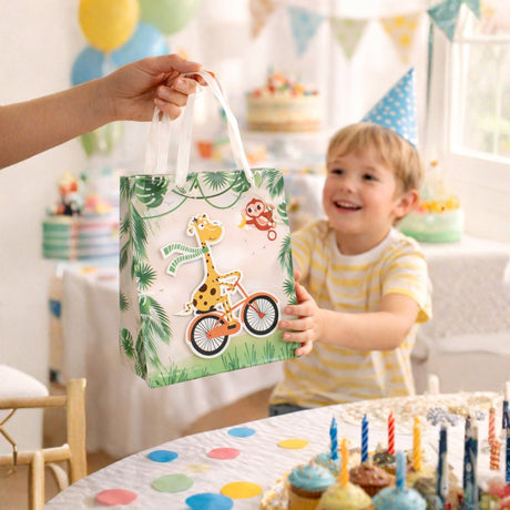Merkloos sans marque gift bag animal 4as cadeautasje - vrolijk dierenmotief - set van 4 stuks - papier - voor kinderen - inclusief lint handvat - 32 x 26 x 0,5 cm - meerkleurig