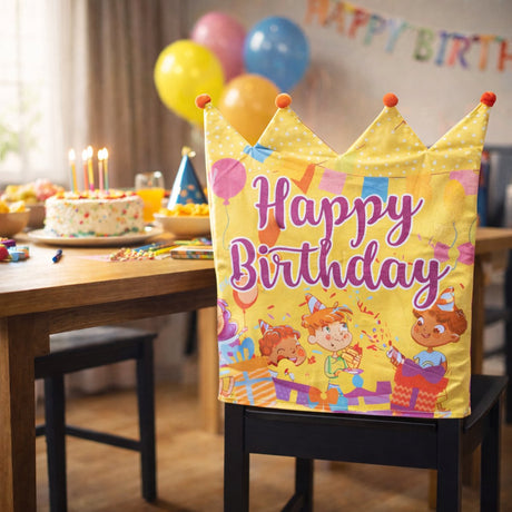 Eddy toys feestelijke stoelhoes met kroon design - set van 6 stuks - kleurrijk - gemakkelijk te plaatsen - past op standaard stoelen - afmeting 50x50 cm - voor binnen