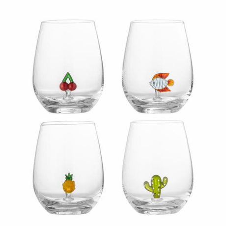 Bloomingville misa drinkglazen – set van 4 mondgeblazen glazen met cactus, kers, vis en ananas