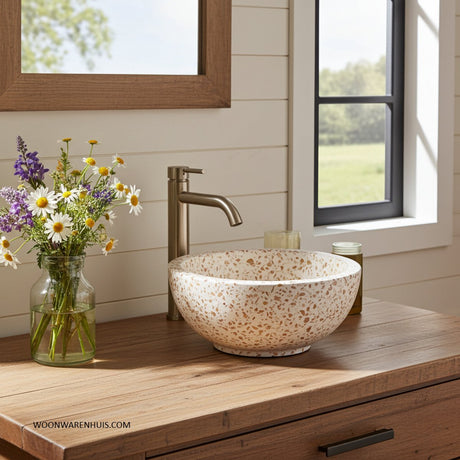 Differnz boomer waskom - terrazzo waskom met ronde vorm - diameter 21 x hoogte 12 cm - kleur beige - moderne vormgeving - geschikt zonder onderbouwkast - per 1 stuk