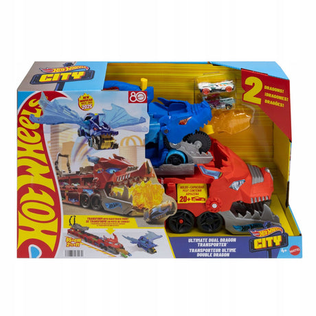 Hot wheels city - ultieme dubbele draak transportvoertuig en 2 speelgoedauto's