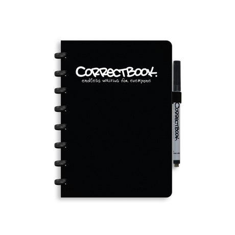 Correctbook a5 uitwisbaar notitieboek – herbruikbaar schrift – ink black zwart – gelinieerd – inclusief pen wisdoekje – aanvulbaar met extra pagina’s