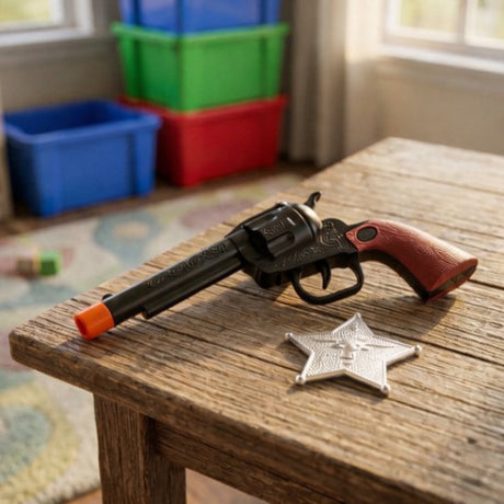 Eddy toys gun + star - speelgoedpistool met sheriff ster - cowboy rollenspel speelgoed voor kinderen - kunststof speelgoedwapen - afmeting 18,7 cm - kleur zwart bruin zilver - geschikt vanaf 3 jaar