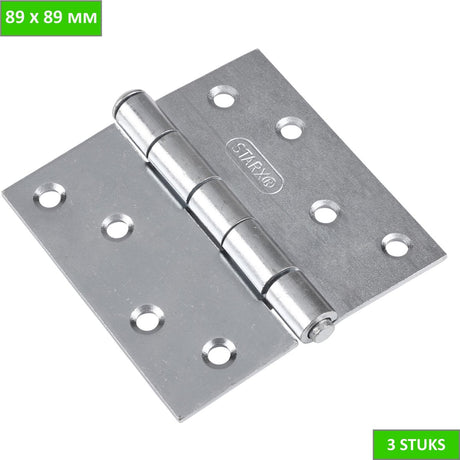 Starx scharnier 89x89 verzinkt - vierkant met losse pen - staal - belastbaar tot 45 kg - geschikt voor binnen en buiten - afmetingen 90 x 96 mm - kleur verzinkt zilver - 2 jaar garantie