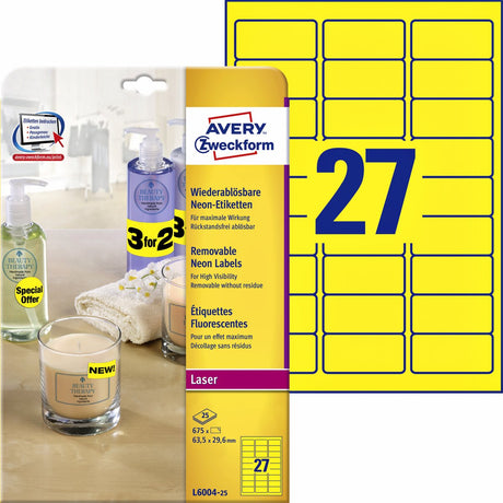 Avery afneembare neon etiketten formaat 635 x 296 mm (b x h) doos van 20 blad 540 stuks geel