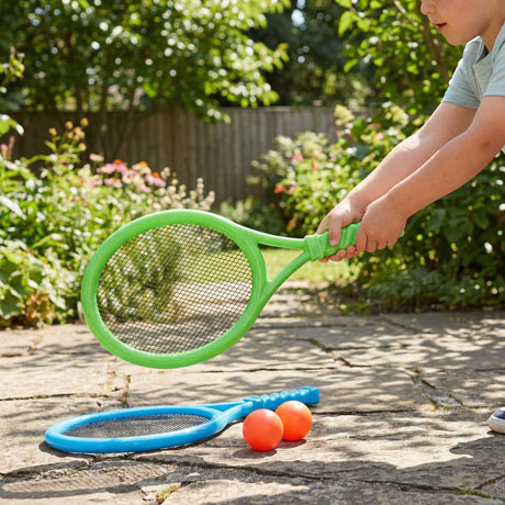 Eddy toys tennis playset 4-delig - 2 rackets en 2 ballen - kunststof - geschikt voor padel en tennis - blauw, groen en rood - 30 x 14,3 x 1,5 cm - 2 jaar garantie