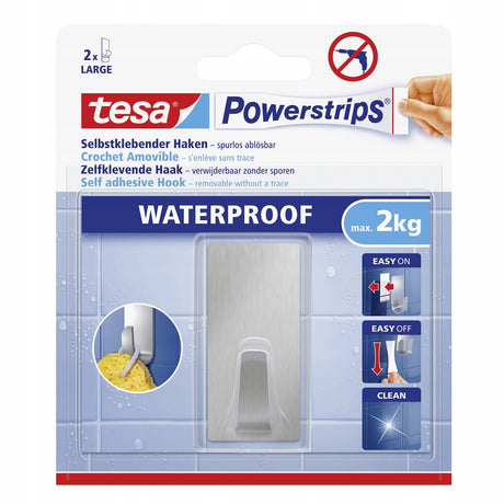 Tesa® powerstrips waterproof kleefhaak l - rechthoekig - montage zonder boren - roestvrij staal (rvs) - draagkracht 2 kg - voor badkamer en douche