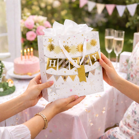 Merkloos sans marque cadeauzakje happy birthday - cadeautas van papier met lint handvat - 4 verschillende designs - goud accenten - ideaal voor verjaardagscadeaus - 25 x 24,8 x 9,8 cm - meerkleurig