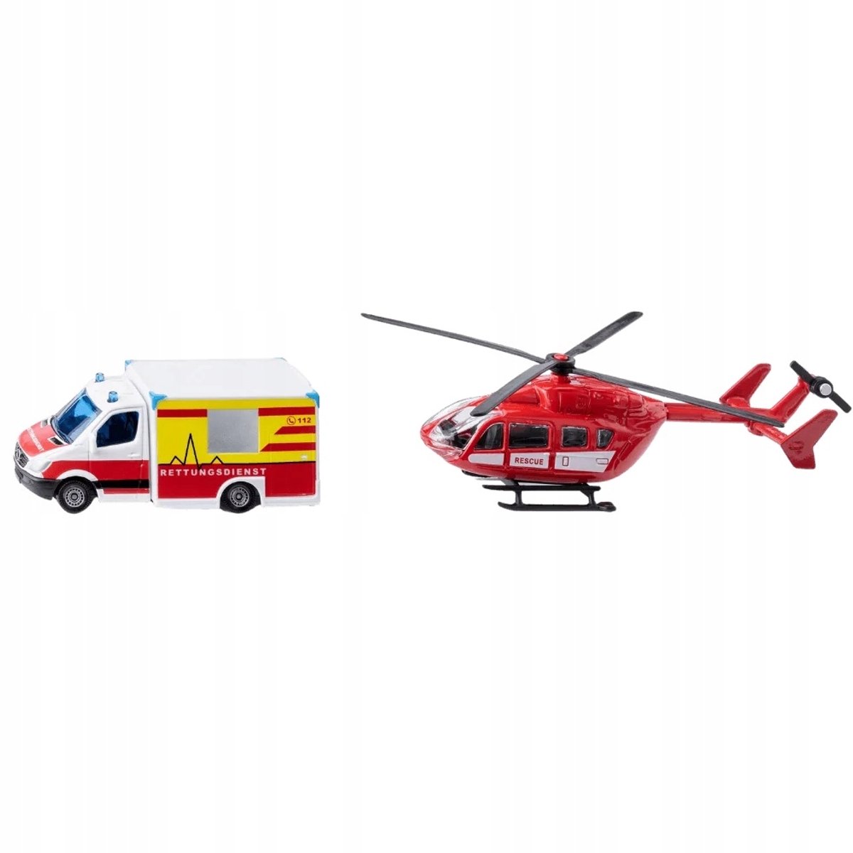Siku 1748, reddingsdienst-set, reddingshelikopter en mercedes benz ambulance, metaal kunststof, rood wit, draaibare rotoren
