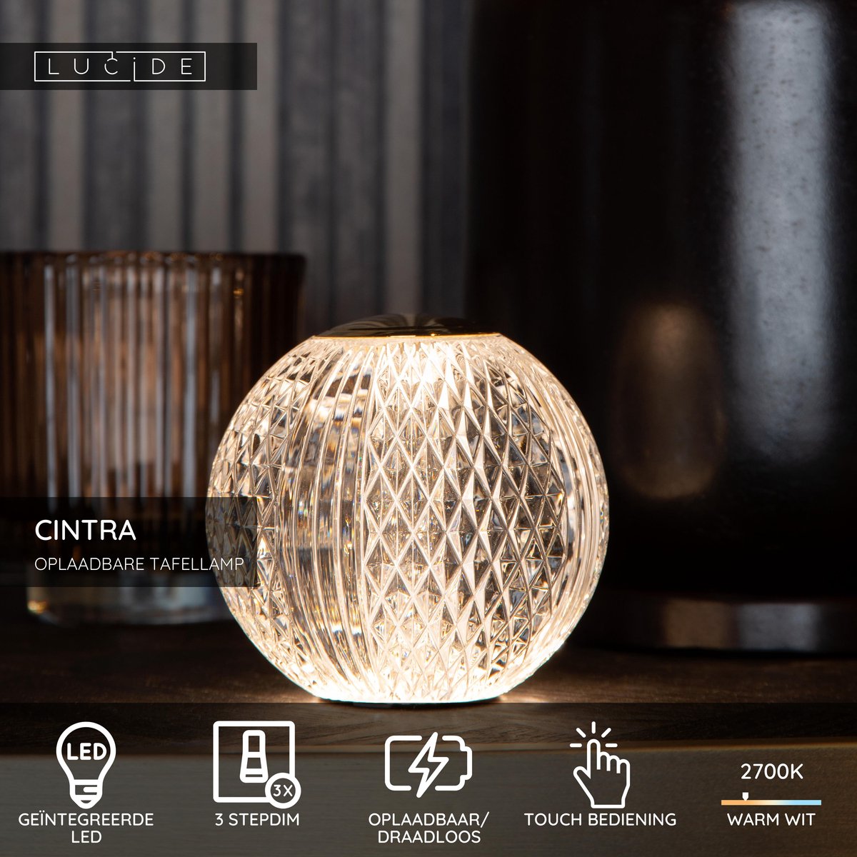 Lucide cintra - oplaadbare tafellamp - accu batterij - ø 11 cm - led 3 stepdim - 1x2w 2700k - transparant