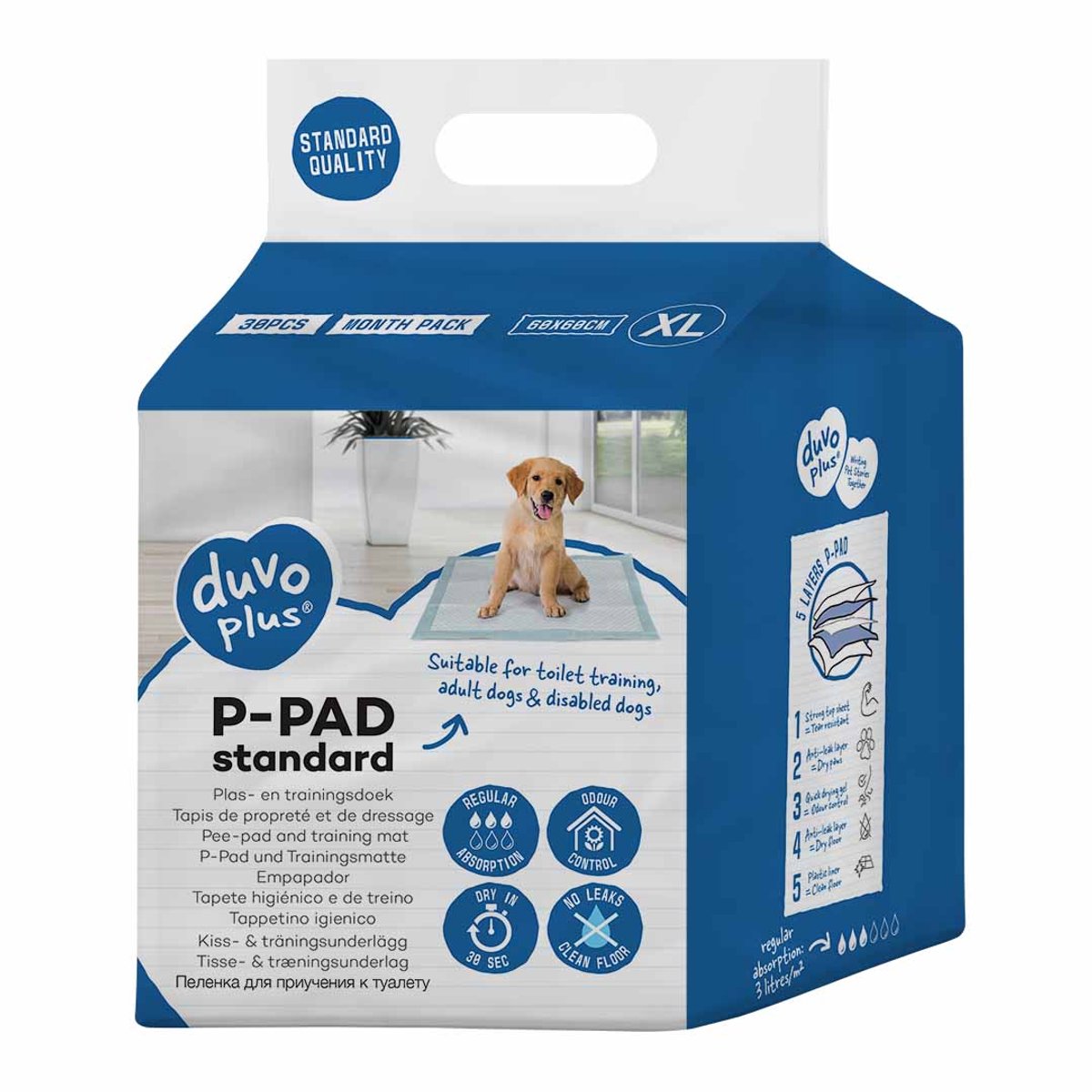 Duvo plus p-pad standard - puppy training pads - plasmatten hond - hoog absorberend lekvrij - xl 60x60cm - 30 stuks