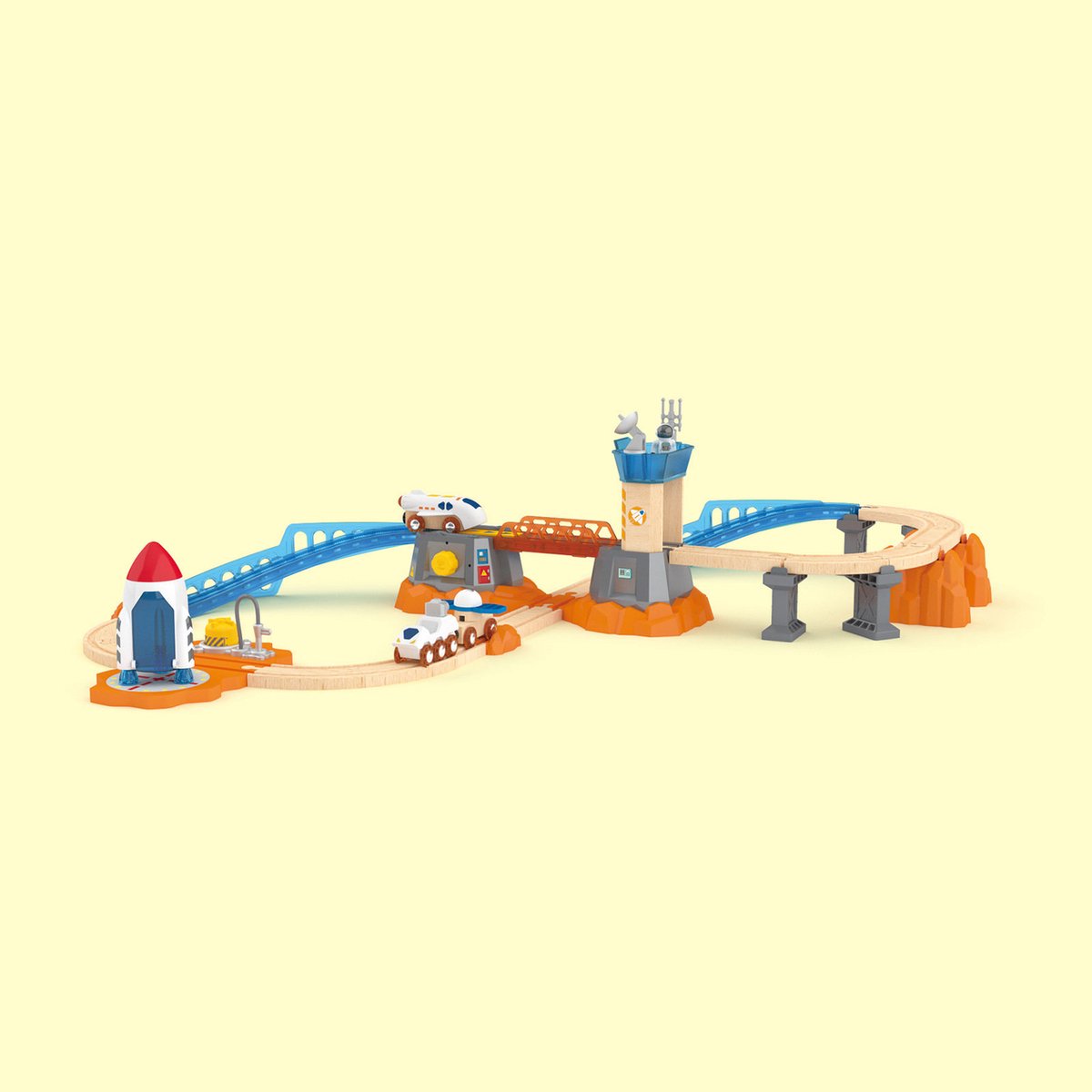 Hape mars launch rail set - ruimtetreinset met raketlanceerder, rover en satellietvoertuig, 3+ jaar, 34 delig