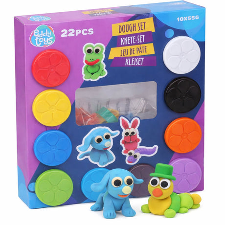 Eddy toys kleiset – 22-delige klei set voor kinderen – 10 potjes boetseerklei (55 g) + 12 vormpjes – zachte klei – knutselen voor kinderen – voor thuis of school