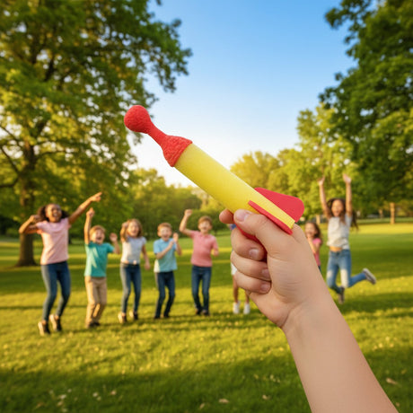 Eddy toys raket katapult 15 cm - uitdeelcadeau voor kinderen - lichtgewicht en eenvoudig te gebruiken - geschikt voor binnen en buiten - geel rood - materiaal rubber