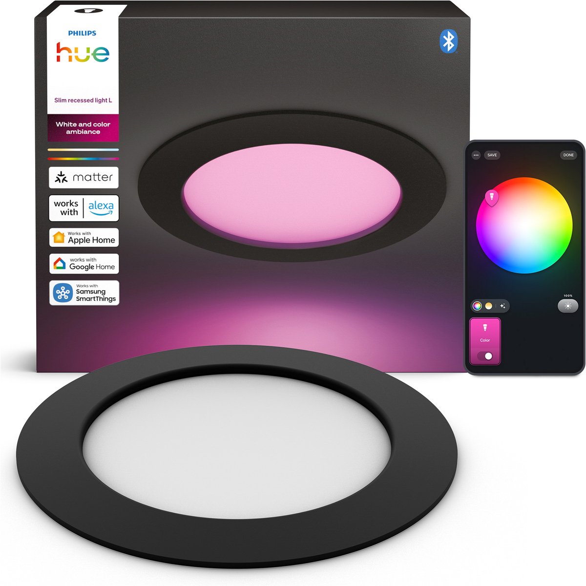 Philips hue dunne led inbouwspot - badkamerverlichting - gu10 fitting - bevat 3 inbouwspots - aanpasbaar wit en gekleurd licht - zwart - ip44: spatwaterdicht - ø: 170 mm - slimme verlichting
