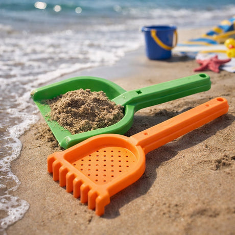Eddy toys strandschep en hark set - 2-delig - strandspeelgoed voor kinderen - stevige kindvriendelijke grip - kunststof - oranje en groen - 12,4 x 30,4 x 6,6 cm