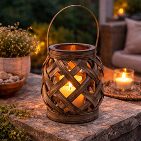 Arti casa tuinlantaarn decoratief - werkt op 3xaaa batterijen - geschikt voor buitengebruik - voegt sfeer toe aan tuin of terras - gevlochten design - ø12xh36cm - zwart donkerbruin