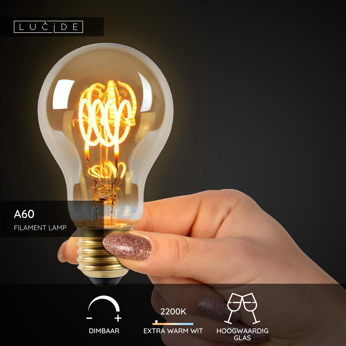 Lucide a60 - filament lamp - ø 6 cm - led dimbaar - e27 - 1x4,9w 2200k - amber