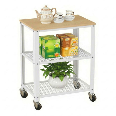 Merkloos sans marque keukentrolley op wieltjes - 77,5x60x40 cm - metaal - lichtbruin-wit