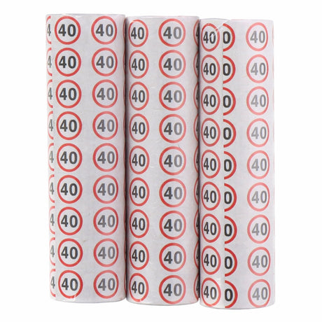 Partytime serpentine printing '40' pa - 3 rollen papieren slingers met verkeersbord print - 384 cm lang - 1,4 cm breed - feestversiering voor 40e verjaardag - wit met rood