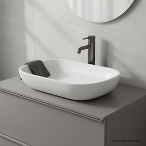 Differnz ovalo waskom - ovaal opzetmodel voor de badkamer - gemaakt van polybeton - zonder overloop - eenvoudig te installeren op het badmeubel - afmetingen 54 x 34 x 12 cm - kleur wit