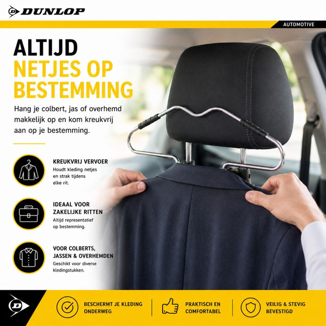 Dunlop auto kledinghanger voor hoofdsteun - auto hanger hoofdsteun auto - kledinghanger van chroom - makkelijk en snel te bevestigen - 42,5 x 3 x 14,3 cm - chroom - zilver