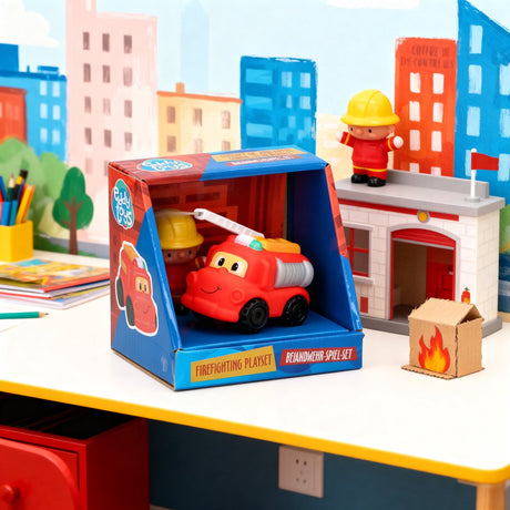Let's play brandweerwagen en poppetje speelset - 2-delig - peuterspeelgoed - stimuleert fantasierijk spel - gemaakt van kunststof - compact formaat - afmetingen 7x5x5 cm - kleur rood geel