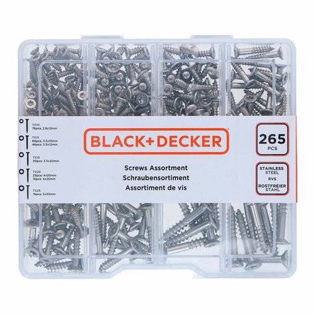 Black+decker torx schroevenset - 265-delig - verzonken kop met zelftappende punt - rvs - stevige opbergbox - diverse maten voor uiteenlopende klussen - praktisch en compact - kleur zilver