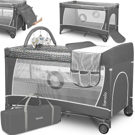 Lionelo flower campingbedje 2in1 – reisbedje – 0-36 maanden – 2 matrasniveaus – verschoontafel met organizer – lockguard – zij-ingang met rits – speelboog met 3 speeltjes – wieltjes – snel inklapbaar – transporttas