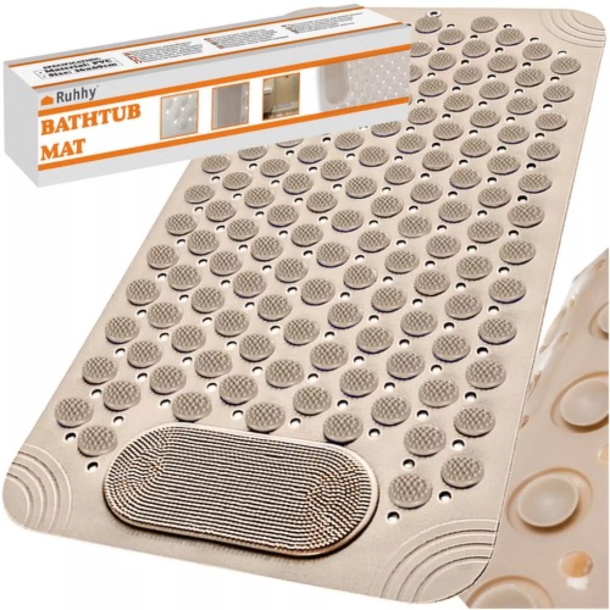 Ruhhy anti-slip bad- douchemat – beige – massagefunctie, zuignappen, waterdicht, snel droog, 36 × 69 cm