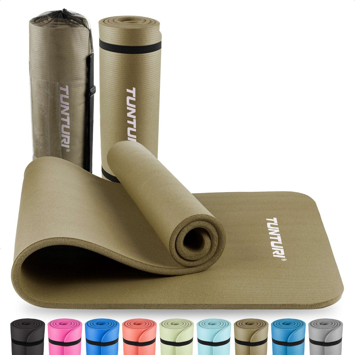 Tunturi nbr yogamat met draagtas - fitnessmat extra dik zacht - sportmat - anti slip - 180x60x1.5cm - incl trainingsapp - legergroen