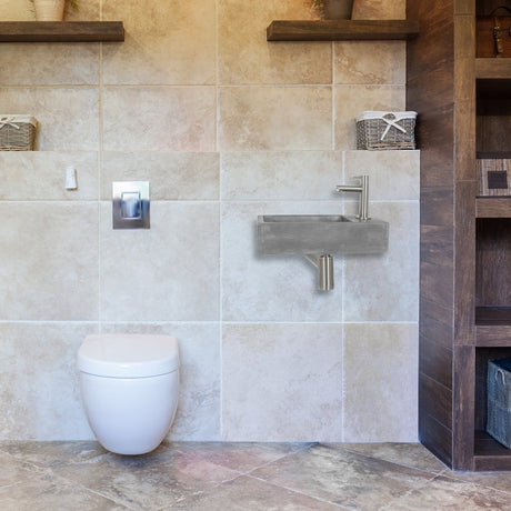 Differnz juti fonteinset - toiletfontein van beton in donkergrijs - inclusief mat verchroomde kraan en sifon - industriële uitstraling - compact model - afmetingen 38.5 x 18.5 x 9 cm