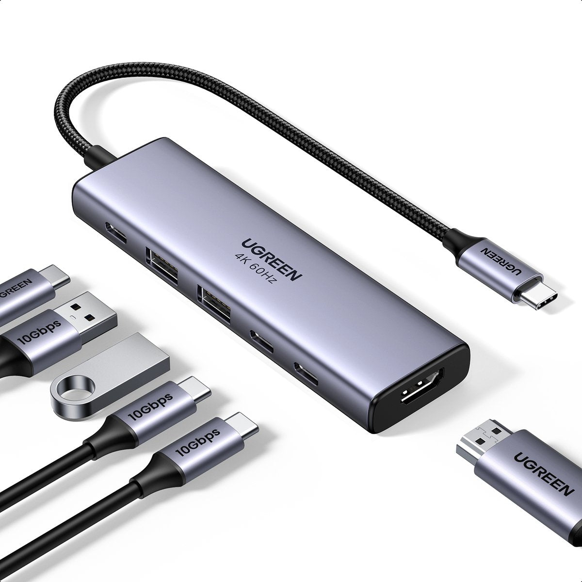 Ugreen usb-c hub 6-in-1 hdmi - 2x usb-a 3.2 - 2x usb-c 3.2 - pd docking dock grijs